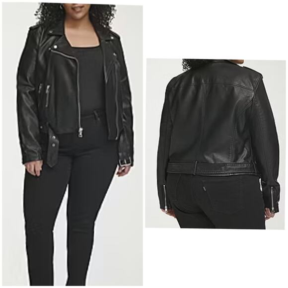 Levi's Women's 2X Black Faux Leather Moto Biker Jacket Belted Full Zip - Picture 3 of 10